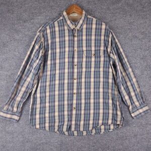 Orvis Mens Large Plaid Button Down Shirt Blue Teal Cotton Long Sleeve